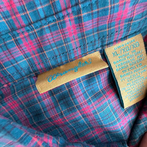 Wrangler Button Down Western Shirt Pearl Snap Plaid Navy Pink Girls XL Rodeo - Picture 6 of 12
